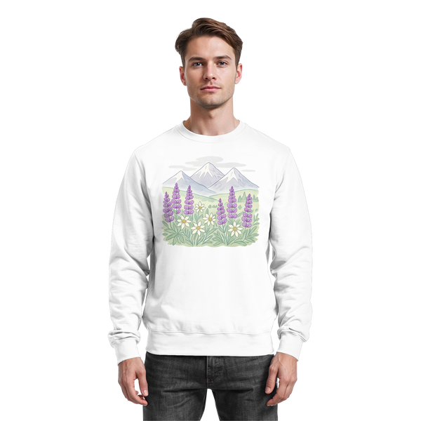 Alpine Bloom sweatshirt in Arctic White with an alpine wildflower and mountain – Arvenzo