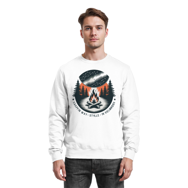 Star Map sweatshirt in Arctic White with a campfire under a starry sky – Arvenzo