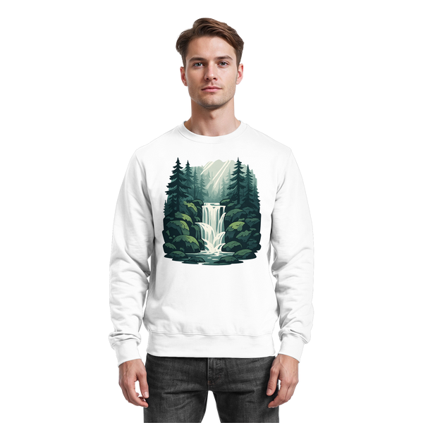 Fall Creek sweatshirt in Arctic White with a waterfall in a pine forest – Arvenzo