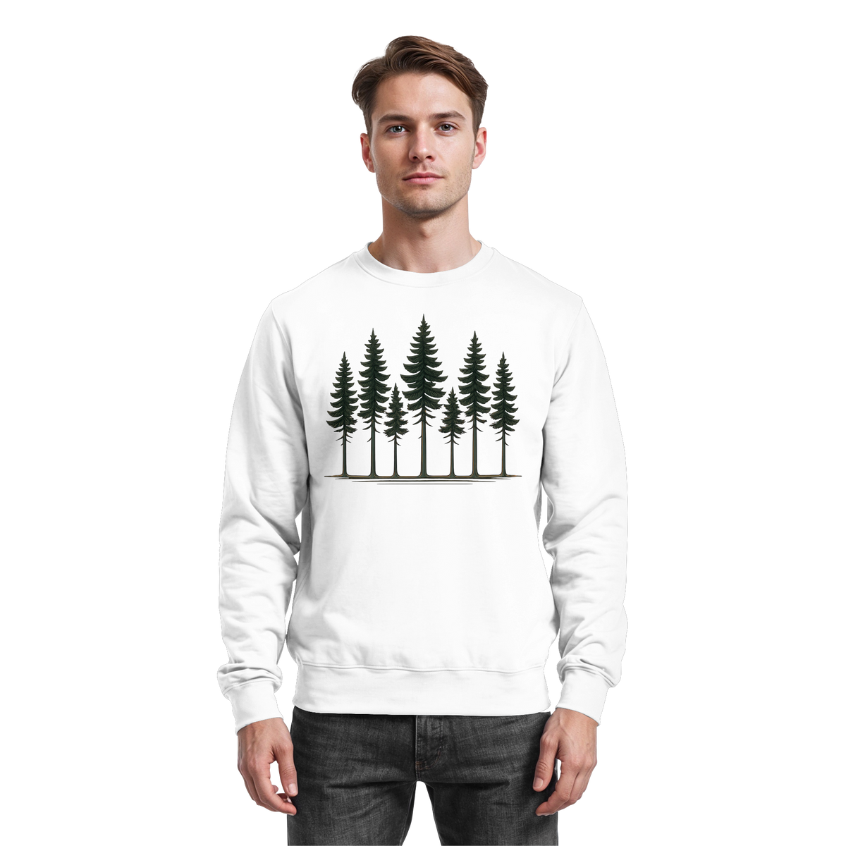 Arvenzo Pine Dusk Sweatshirt in Arctic White, front view showing classic crewneck design and soft cotton fabric.