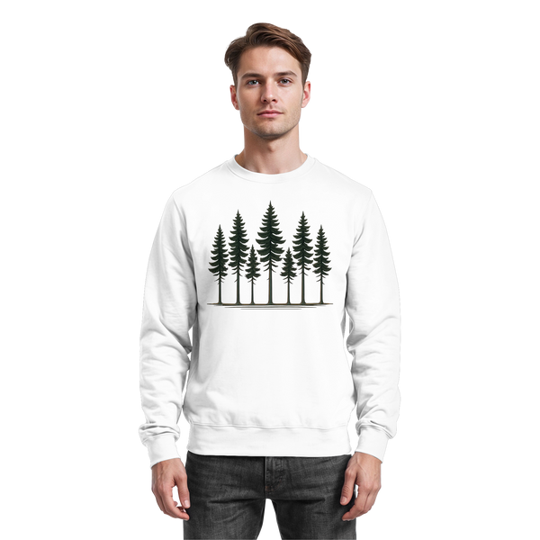 Pine Dusk sweatshirt in Arctic White with a row of pine trees – Arvenzo