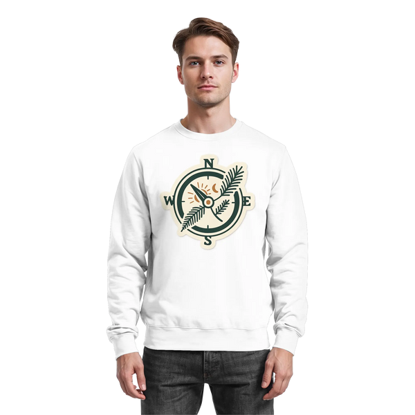 Trail Compass sweatshirt in Arctic White with a vintage compass and fern leaf – Arvenzo