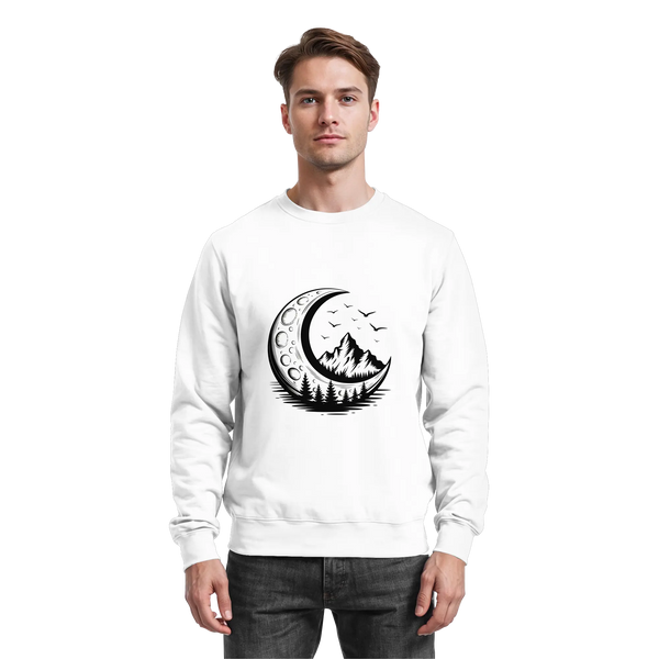 Crescent Peak sweatshirt in Arctic White with a crescent moon and mountain – Arvenzo