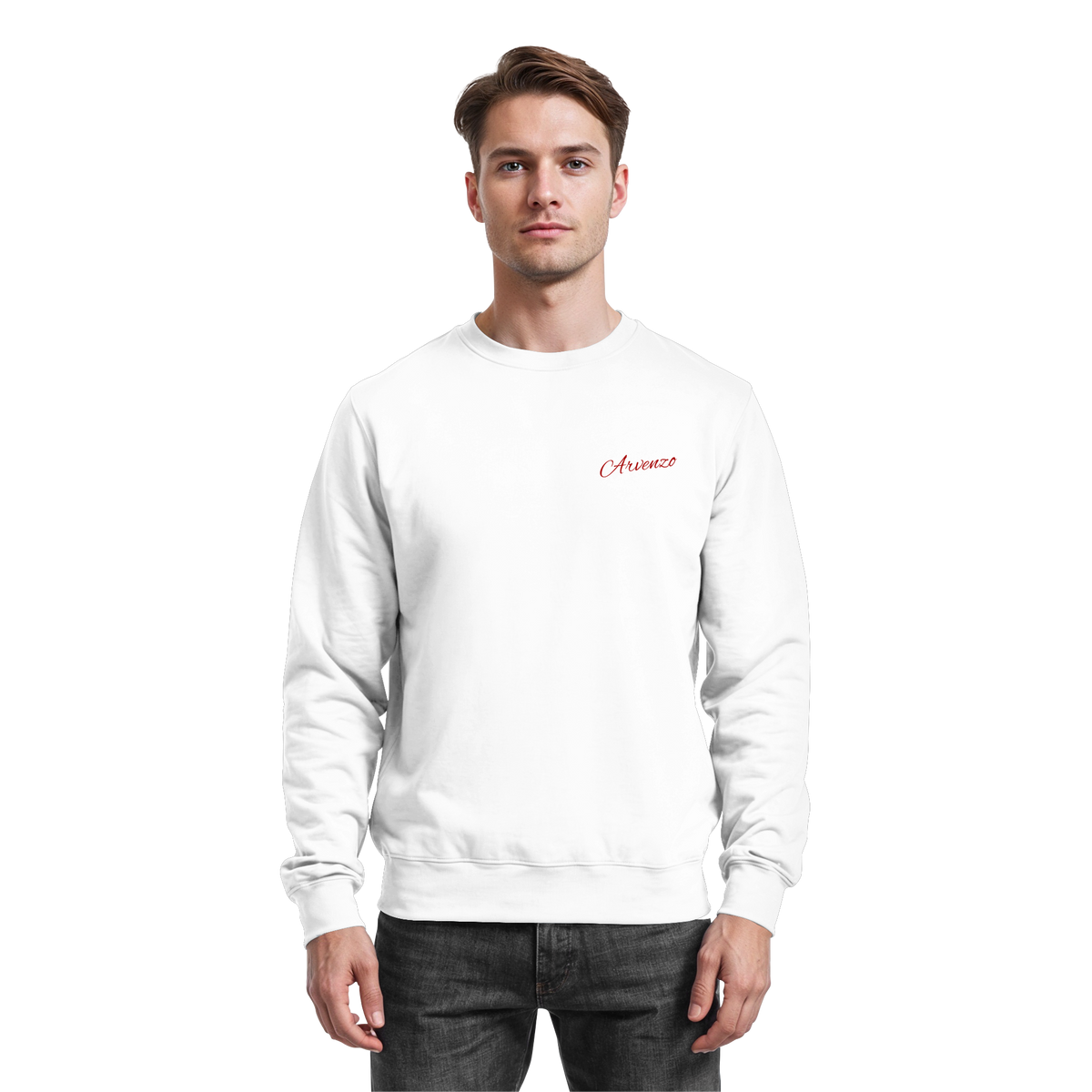 Arvenzo Pure Ground sweatshirt in Arctic White, front view showing classic crewneck design and soft fabric texture.