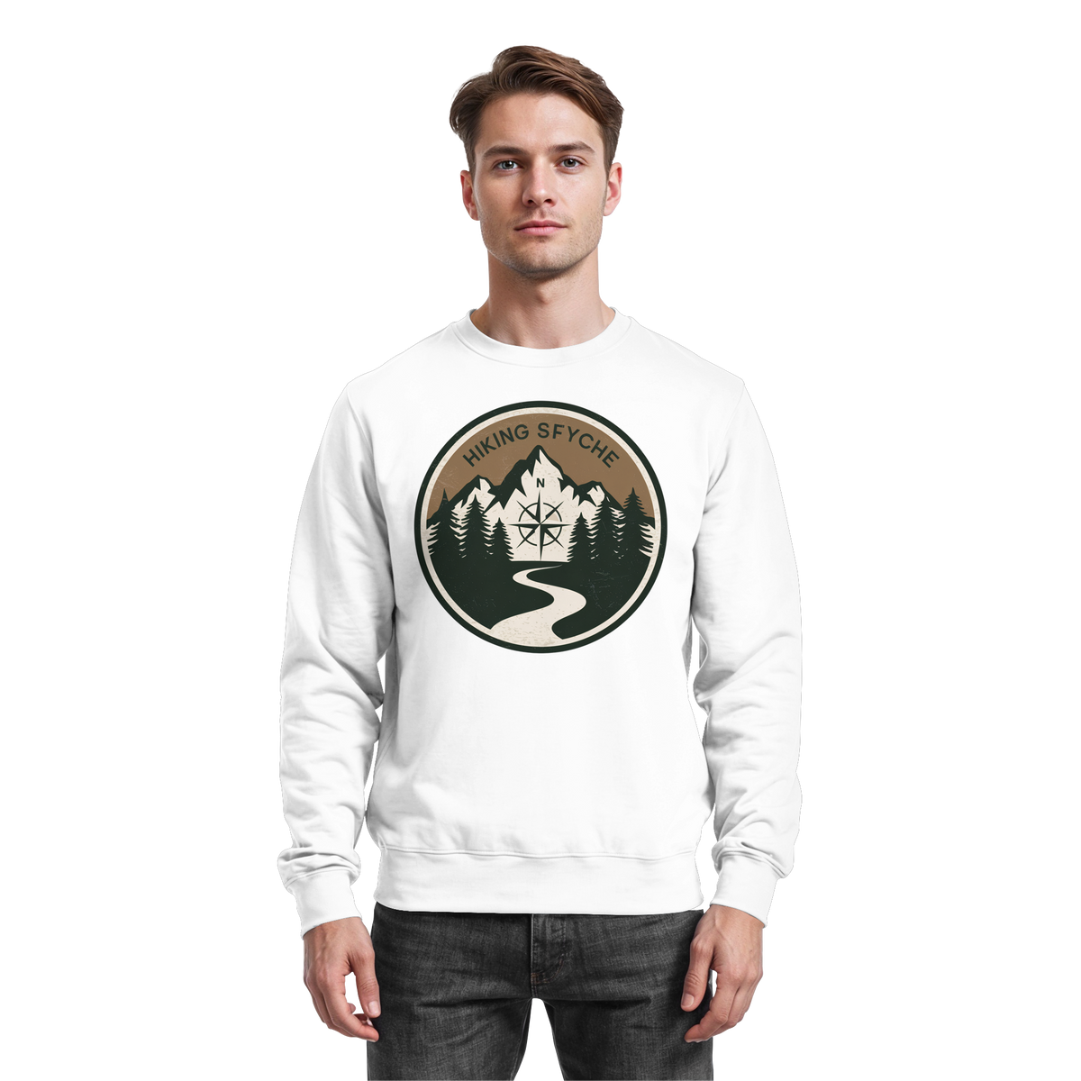Arvenzo Trail Crest sweatshirt in Arctic White, front view showing classic crewneck design and soft fabric texture.