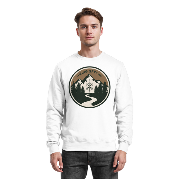 Trail Crest sweatshirt in Arctic White with a vintage hiking badge with compass and mountains – Arvenzo