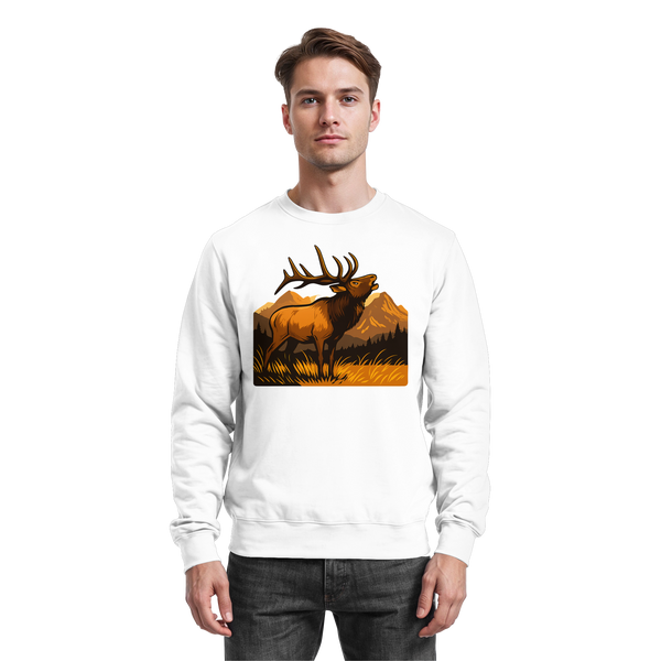 Elk Meadow sweatshirt in Arctic White with a bull elk in a meadow – Arvenzo