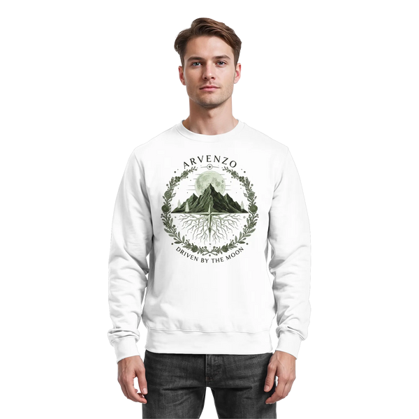 Lunar Horizon sweatshirt in Arctic White with a mountain, moon and laurel wreath – Arvenzo