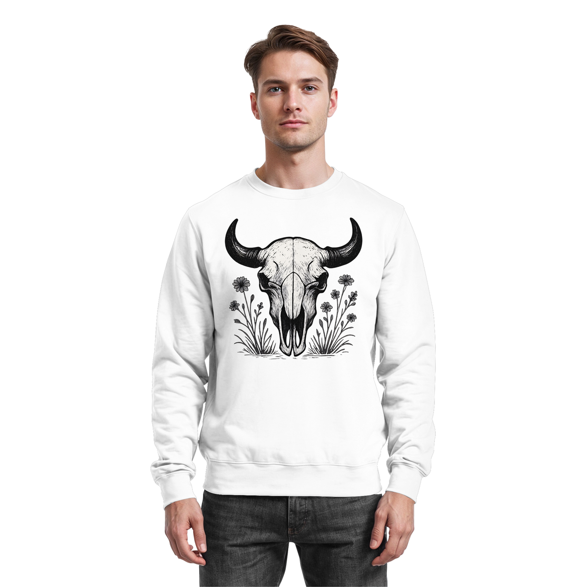 Arvenzo Bison Skull sweatshirt in Arctic White, front view showcasing the printed bison skull design on a cozy sweatshirt.