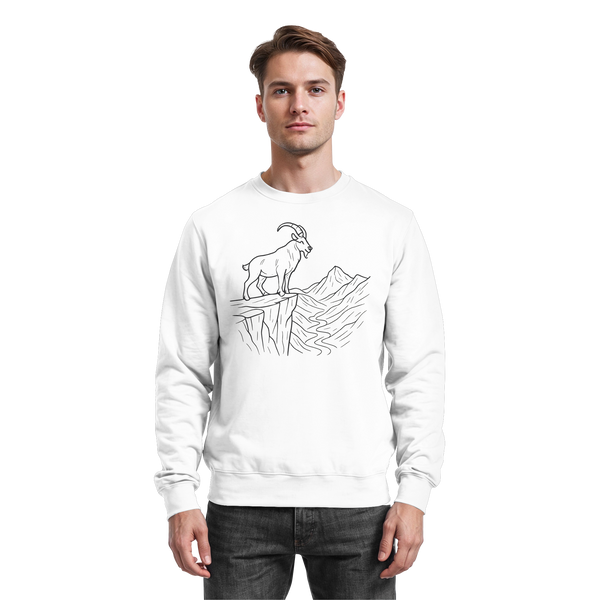 Cliff Edge sweatshirt in Arctic White with a mountain goat on a cliff line-art – Arvenzo