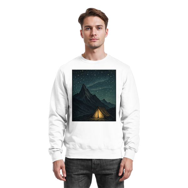 North Light sweatshirt in Arctic White with a glowing tent under a starry mountain sky – Arvenzo