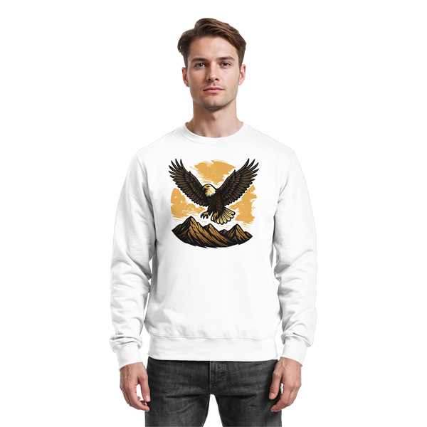 Iron Wing sweatshirt in Arctic White with a soaring eagle over mountains – Arvenzo