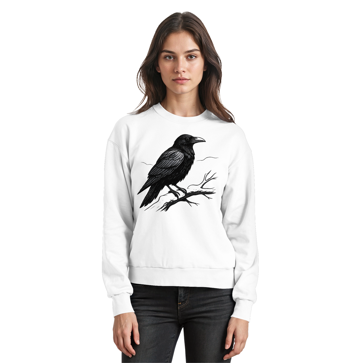 Front view of Arvenzo Dark Raven sweatshirt in white, showing a classic crewneck design and comfortable fit.
