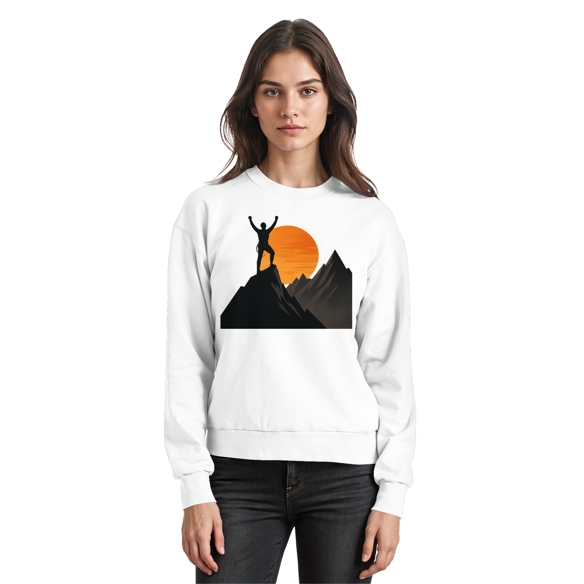 Arvenzo Bold Ascent sweatshirt in Arctic White, front view showing classic crewneck design and soft fabric texture