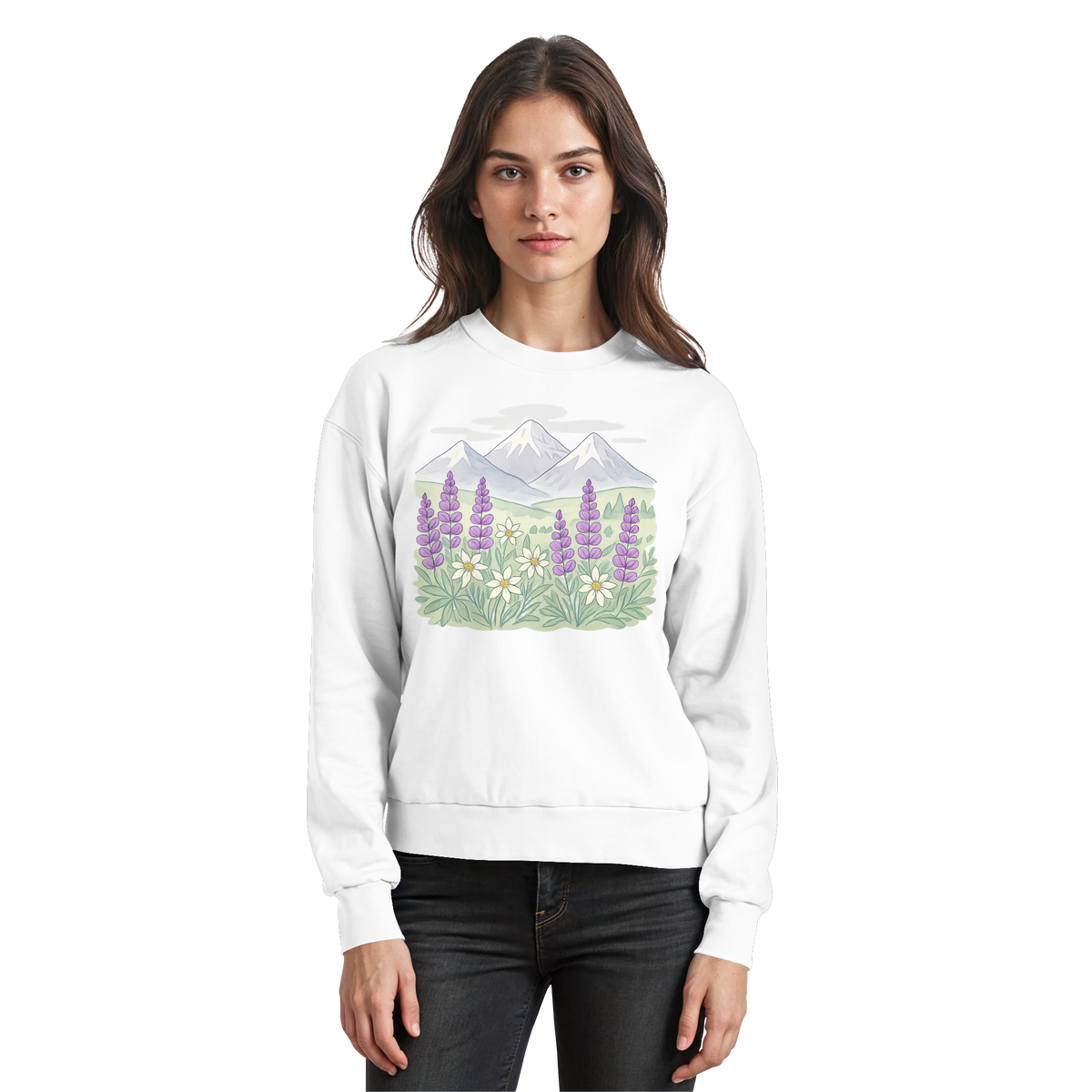 Arvenzo Alpine Bloom sweatshirt in Arctic White, front view showing a cozy, casual sweatshirt with a simple design.