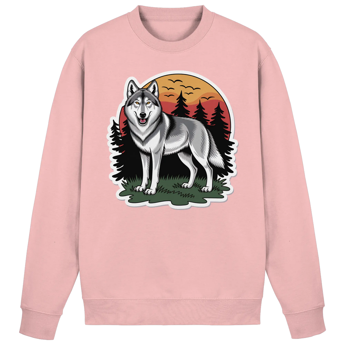Baby pink Arvenzo Lone Dusk sweatshirt shown from the front with a simple, cozy design and ribbed cuffs and hem.