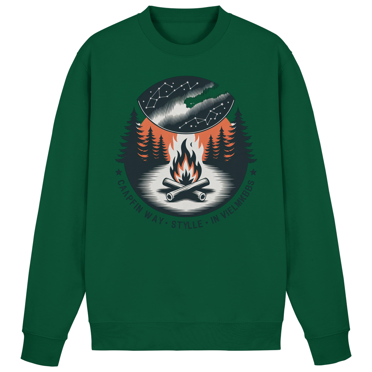 Arvenzo star map sweatshirt in bottle green, front view showing celestial design on cozy, casual sweatshirt.