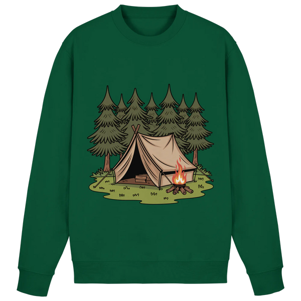 Rustic Retreat sweatshirt in Bottle Green with a tent, campfire and pine forest – Arvenzo