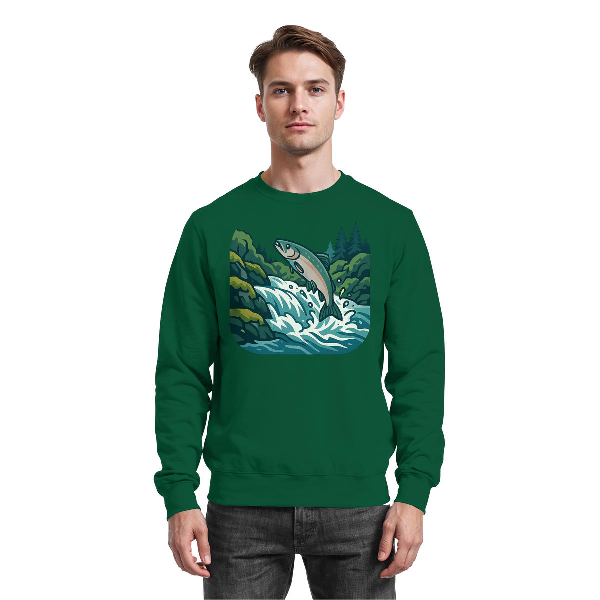 Front view of Arvenzo silver run sweatshirt in bottle green, featuring a classic crewneck design and soft fabric.