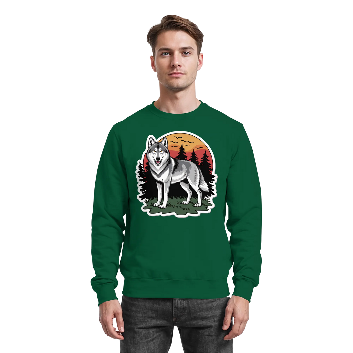 Arvenzo Lone Dusk sweatshirt in bottle green, front view showing a simple, stylish crewneck design.