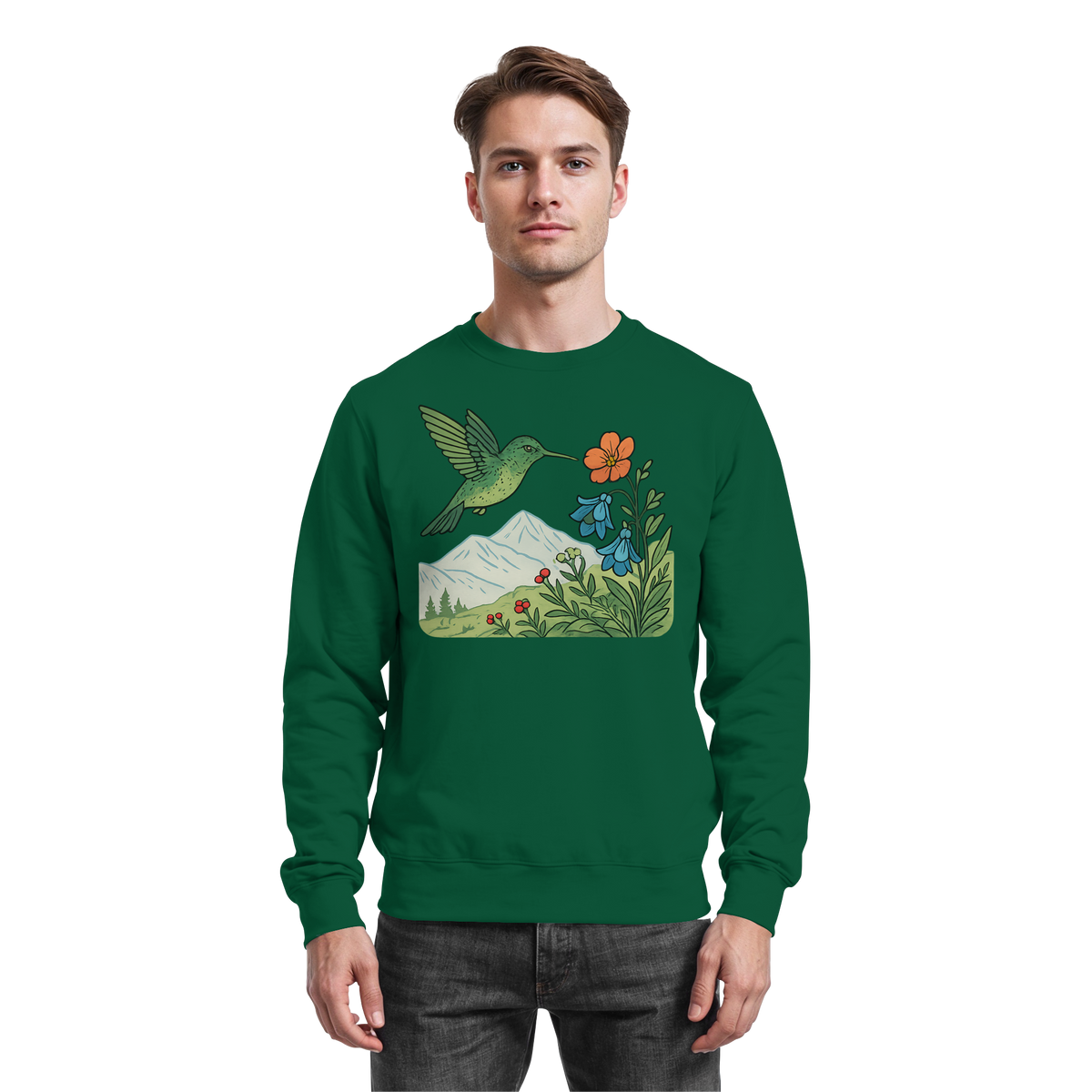 Arvenzo Bloom Wing sweatshirt in bottle green, front view showing a casual crewneck sweatshirt with a floral wing design.