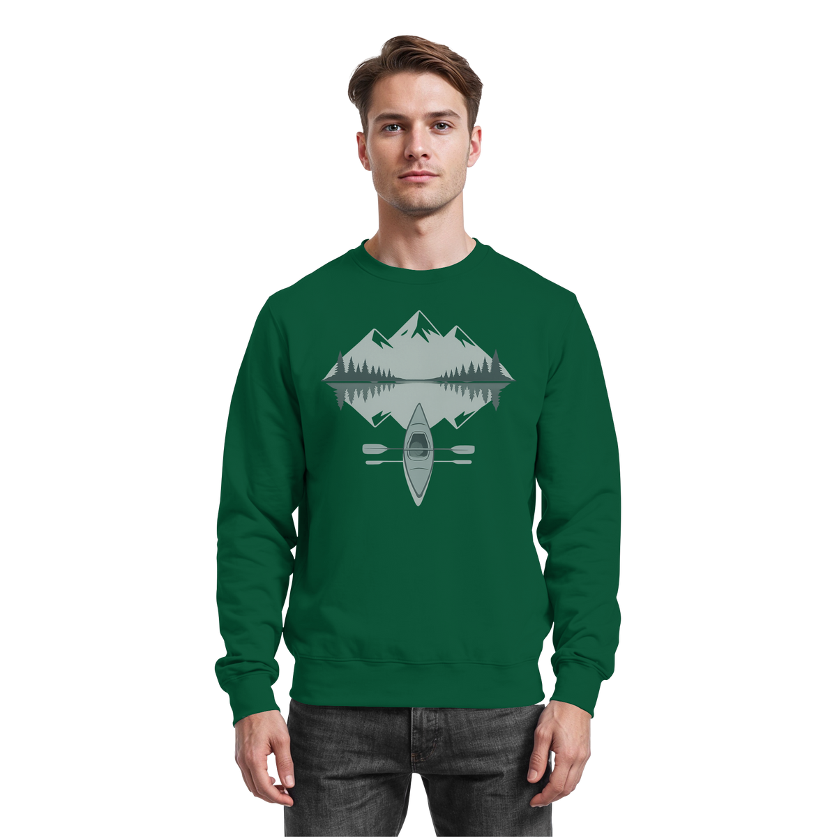 Arvenzo Mirror Lake sweatshirt in bottle green, front view showing a simple, comfortable crewneck sweatshirt for casual wear.