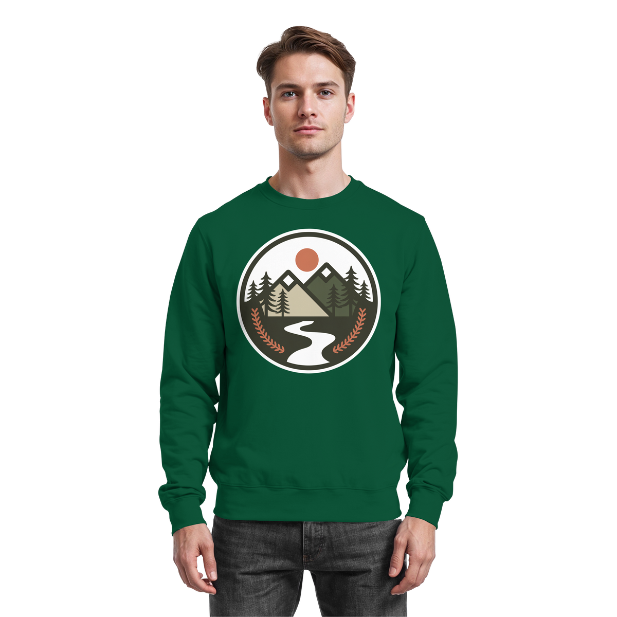 Arvenzo Open Ground sweatshirt in bottle green, front view showing classic crewneck design and soft fabric texture.