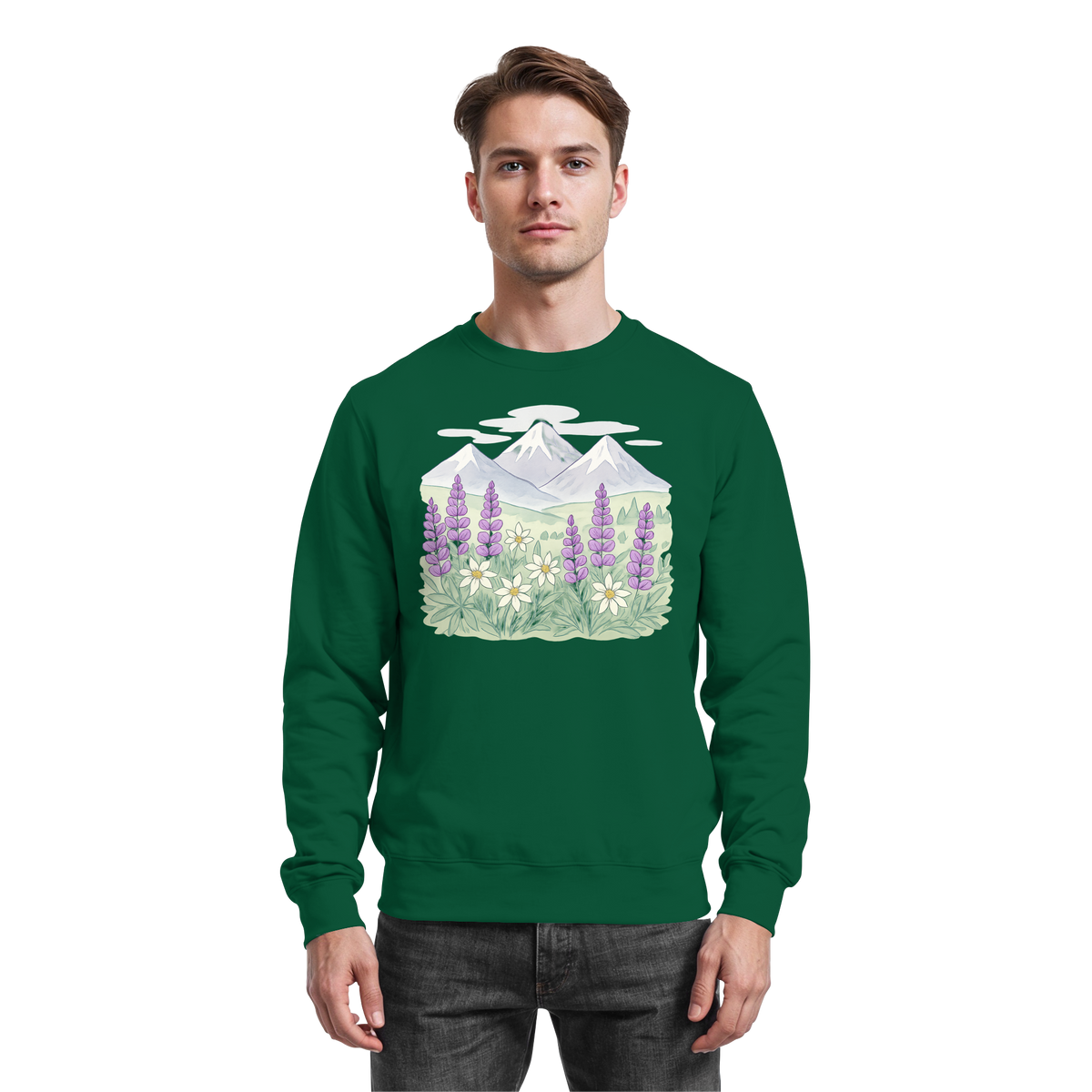 Arvenzo Alpine Bloom sweatshirt in bottle green, front view showing the cozy, casual sweatshirt with a simple design.