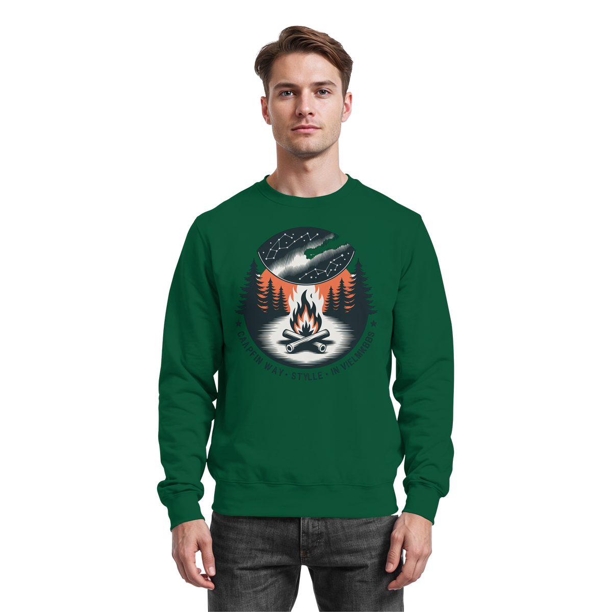 Arvenzo star map sweatshirt in bottle green, showing the front design with celestial patterns on a cozy sweatshirt.