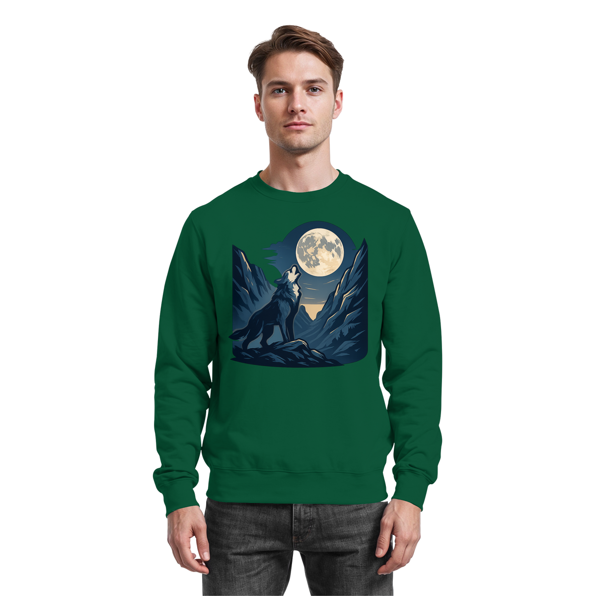 Arvenzo Silver Howl sweatshirt in bottle green, front view showing classic crewneck design and graphic print.