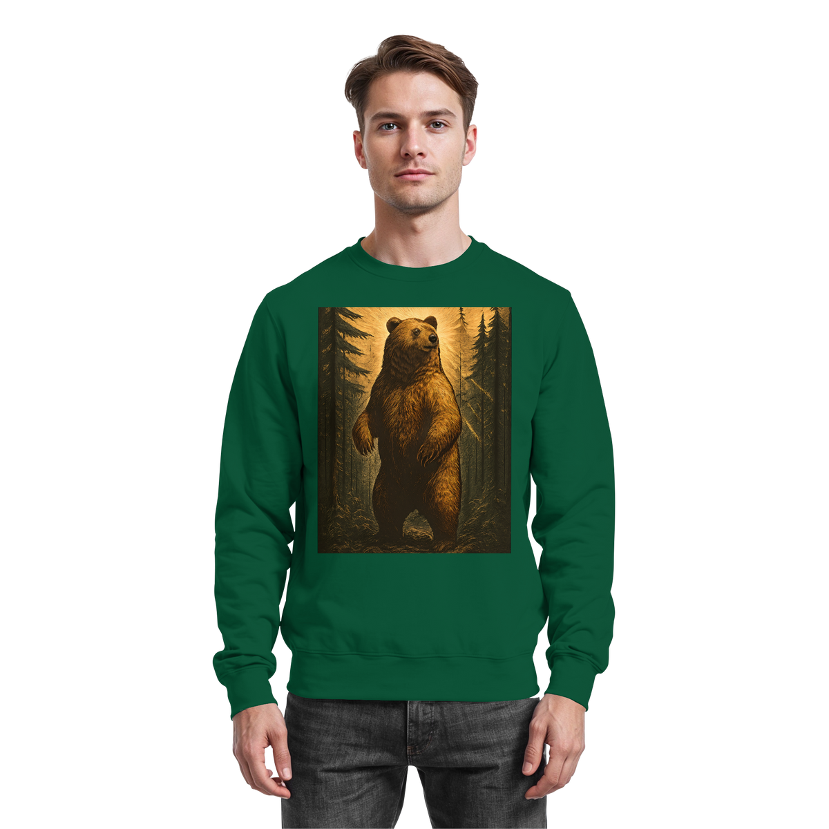 Arvenzo Deep Timber sweatshirt in bottle green, front view showing classic crewneck design and soft fabric texture.