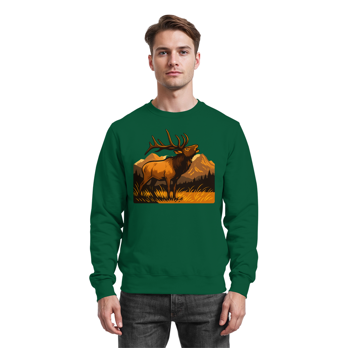 Arvenzo Elk Meadow sweatshirt in bottle green, front view showing classic design and comfortable fit.