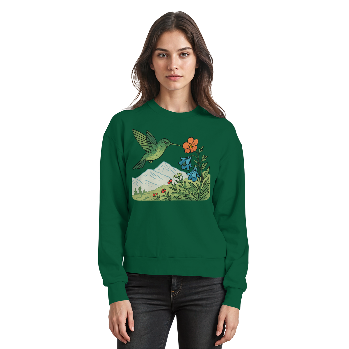 Arvenzo Bloom Wing sweatshirt in bottle green, front view showing a casual sweatshirt with a graphic design and comfortable fit.