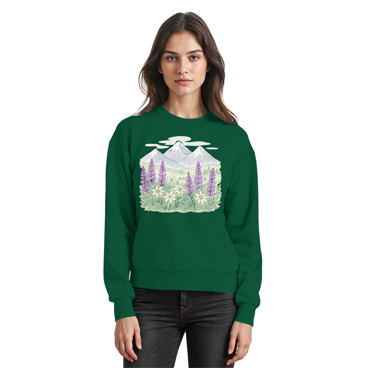 Arvenzo Alpine Bloom sweatshirt in bottle green, front view showing classic crew neck and cozy fabric.