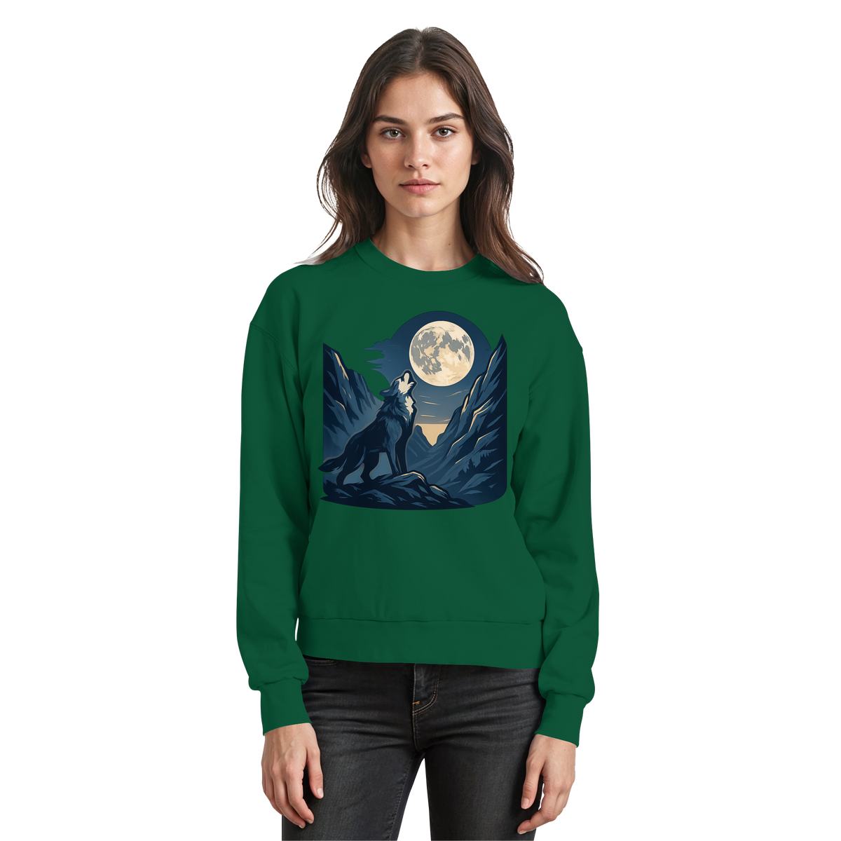 Front view of Arvenzo Silver Howl sweatshirt in bottle green, showcasing the basic design and comfortable fit.