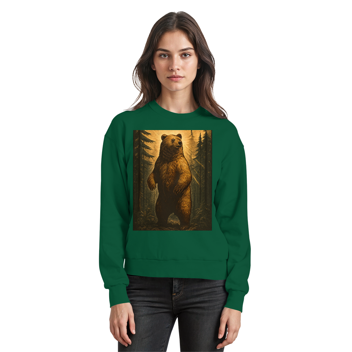 Arvenzo deep green Timber sweatshirt shown from the front, featuring a comfortable fit and classic crewneck design.