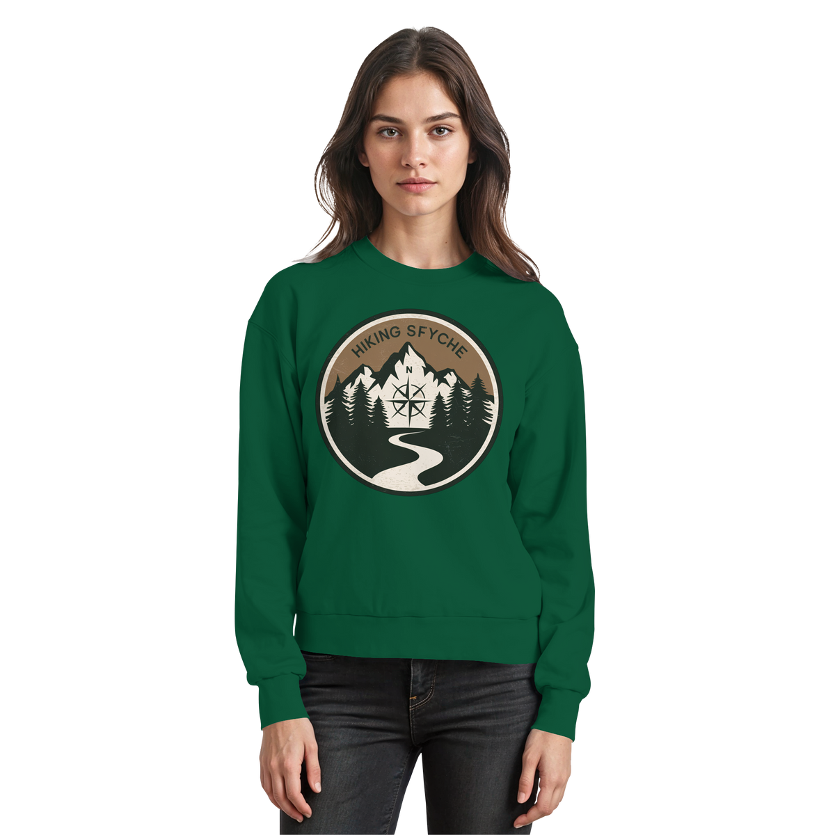 Arvenzo Trail Crest sweatshirt in bottle green with a front design, casual fit, made from soft fabric for comfortable wear.