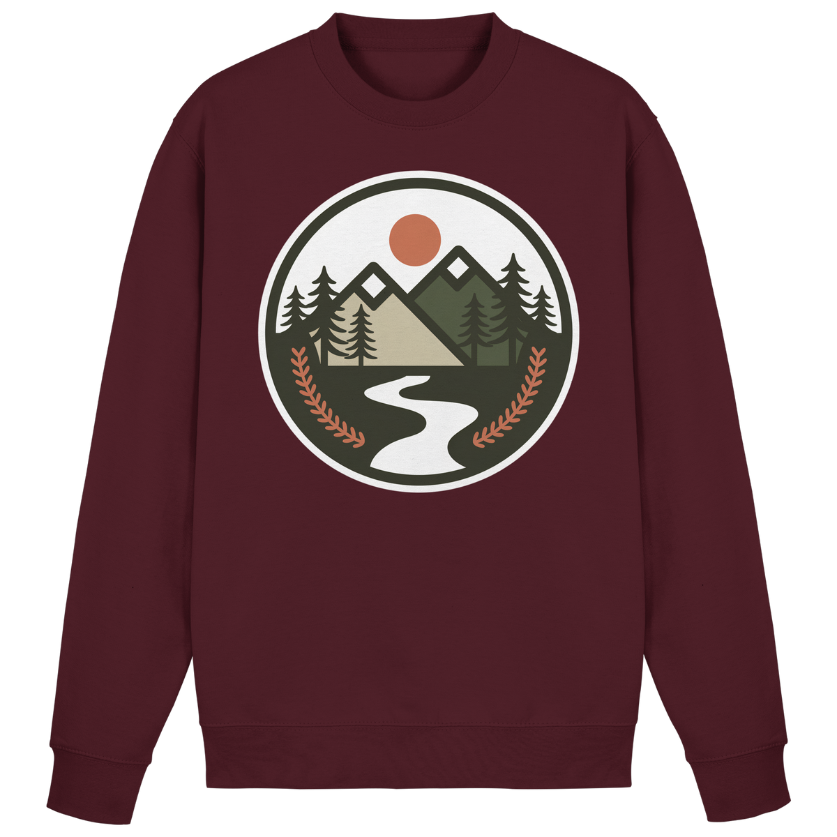 Front view of burgundy Arvenzo Open Ground sweatshirt with a simple crew neck and relaxed fit.
