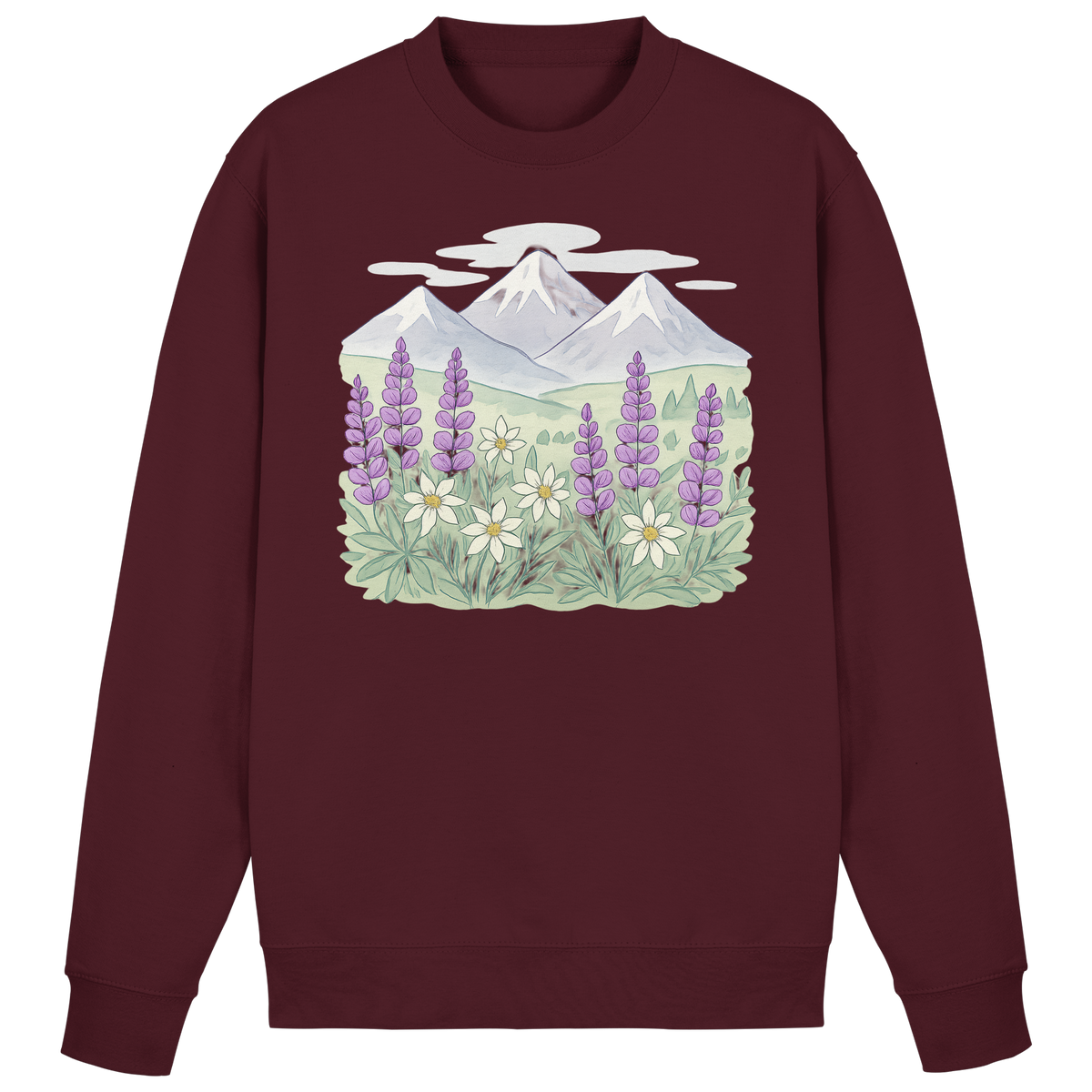 Burgundy Alpine Bloom sweatshirt by Arvenzo, front view showing the simple, stylish design and soft fabric.
