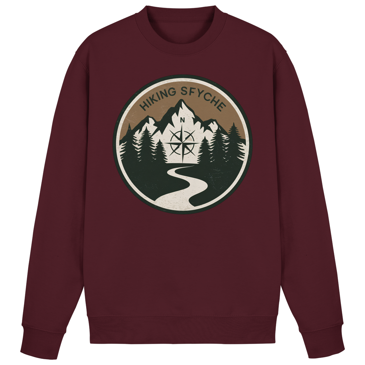 Arvenzo Trail Crest Burgundy sweatshirt front view, basic design with crew neck and long sleeves, casual athletic style.