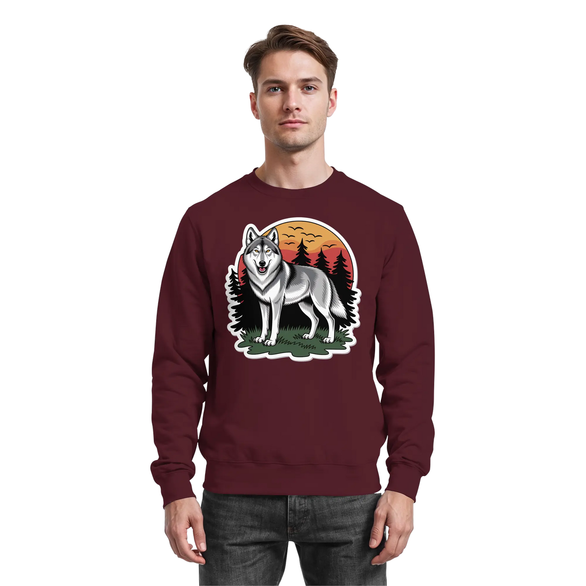 Arvenzo Lone Dusk sweatshirt in burgundy, front view showing a cozy, basic crewneck design with long sleeves.