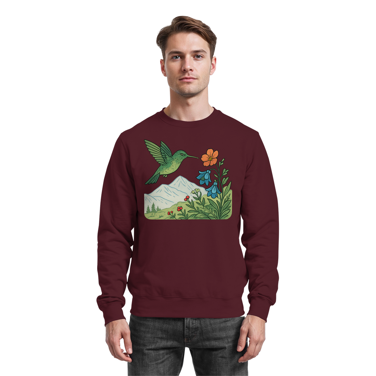 Arvenzo Bloom Wing Sweatshirt in burgundy, front view showing cozy sweatshirt with a graphic wing design and ribbed cuffs.