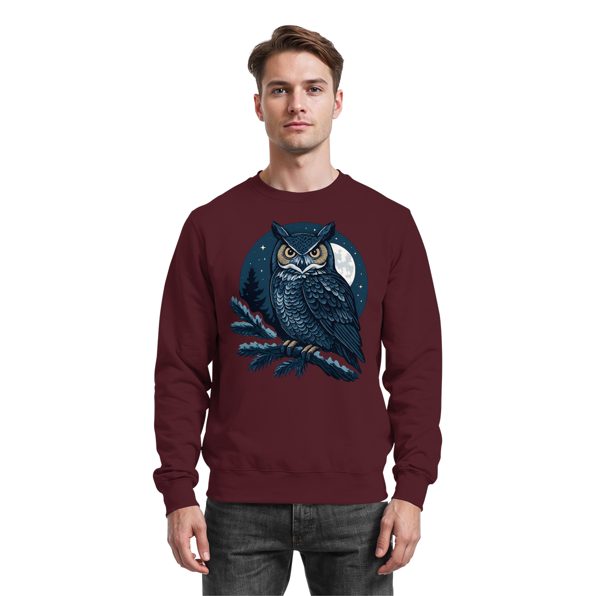 Arvenzo Night Watch burgundy sweatshirt with a front design, comfortable casual fit, and soft fabric for everyday wear.