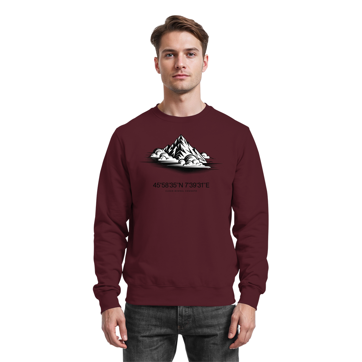 Arvenzo Summit Point sweatshirt in burgundy, front view, soft fabric, casual fit, with round neckline and long sleeves.