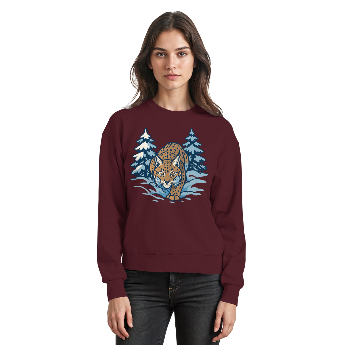 Arvenzo Snow Lynx sweatshirt in burgundy, front view showing a cozy, casual sweatshirt with a Snow Lynx graphic design.