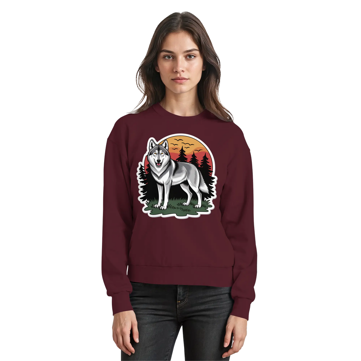 Arvenzo Lone Dusk sweatshirt in burgundy, front view showing a basic crewneck design and comfortable fit.