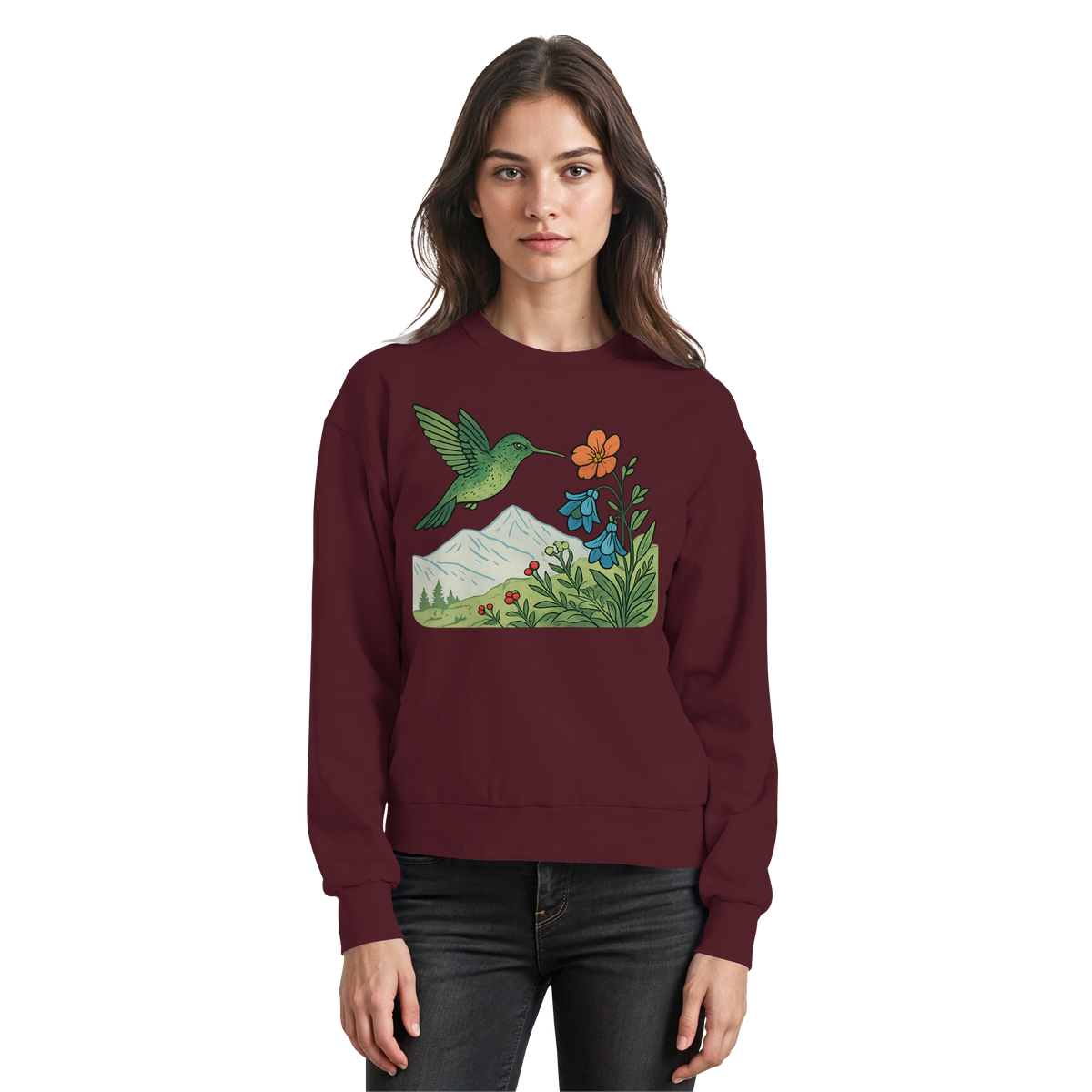 Arvenzo Bloom Wing burgundy sweatshirt featuring a front design, soft fabric, and casual fit for comfortable everyday wear.