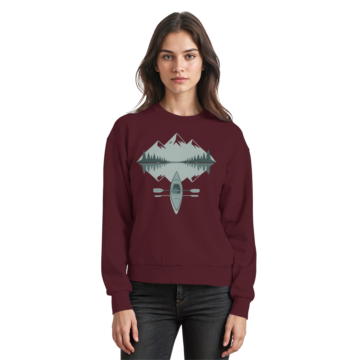 Arvenzo Mirror Lake sweatshirt in burgundy, front view showing classic crew neck and comfortable fit.