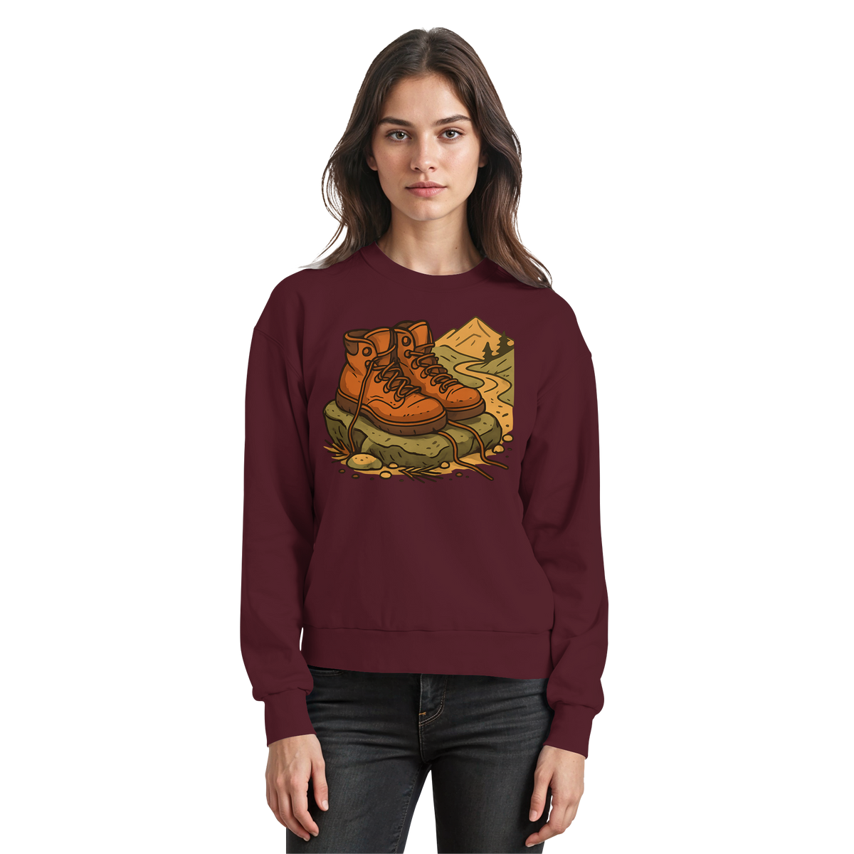 Arvenzo Trail Rest sweatshirt in burgundy, front view showing a casual crewneck sweatshirt with a relaxed fit.