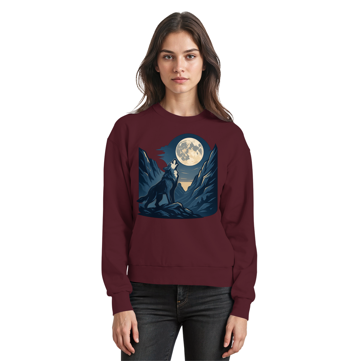 Silver Howl Sweatshirt by Arvenzo featuring a front view of a burgundy sweatshirt with a simple design.